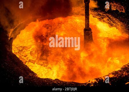 Tata Steel Scunthorpe - Heavy End - Steel Production - lance introducing gas into the iron to make steel Stock Photo