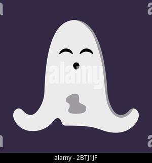 Cute dancing ghost isolated on dark purple background. Halloween character wearing white sheet with holes. Element for poster, banner Stock Vector
