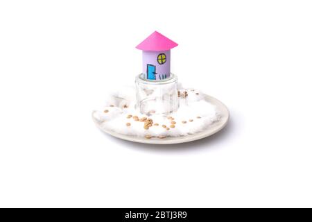 simple paper craft concept for kid and kindergarten, DIY, tutorial, step1, paper house with garden art project, place the glass on a plate upside down, put grain in wet cotton , toilet roll paper craft house Stock Photo