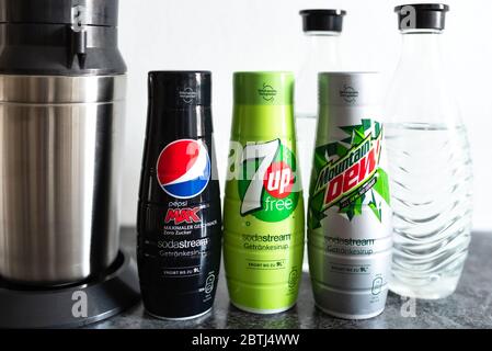 Hamburg, Germany - May 26, 2020: PepsiCo flavored syrups for SodaStream sparkling water maker, Pepsi Max, 7 Up and Mountain Dew sugar free syrup Stock Photo