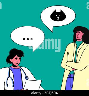 Veterinarian talking to the owner of the cat. Pet treatment, consultation, animal care concept. Vector cartoon illustration Stock Vector