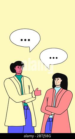 Happy young couple man and woman talking. Vector illustration in a cartoon style. Dialog speech bubbles for text. Character people. Stock Vector