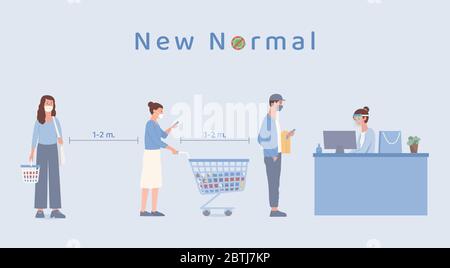 People with shopping cart and holding basket standing standing in queue in the supermarket for waiting payment at counter cashier. The new normal. Stock Vector