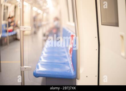 Bangkok / Thailand- MAY 15 2020: The seat inside the Sky train with social distancing for prevent Coronavirus (Covid-19) virus epidemic world crisis d Stock Photo