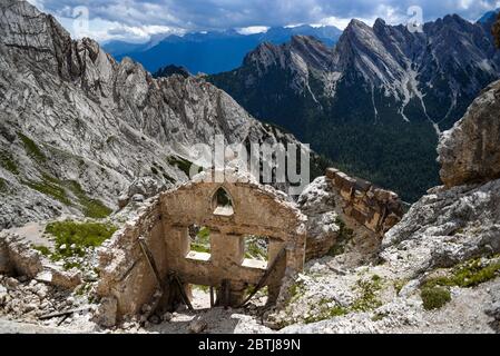 Old, abandoned ruins of Italian fortifications from the Second World War in the Italian Dolomites. Stock Photo