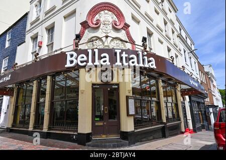 Brighton UK 26th May 2020 - The Bella Italia restaurant in The Lanes shopping area of Brighton as the lockdown restrictions continue during the Coronavirus COVID-19 pandemic crisis . Yesterday Prime Minister Boris Johnson announced that non essential shops will be able to open from June 15th as the restrictions are slowly eased . Credit: Simon Dack / Alamy Live News Stock Photo