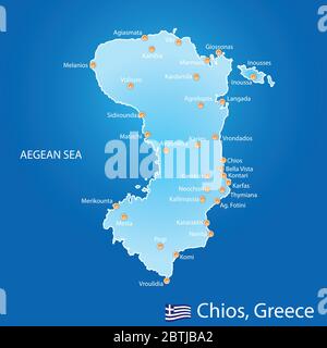 Island of Chios in Greece map on blue background Stock Vector
