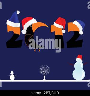 illustration of 2012 with tree and snowman on blue Stock Vector