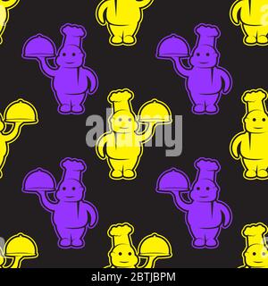 seamless pattern of the chef holding the dish silhouette on a black background. Vector image Stock Vector