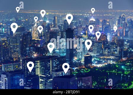 Check in sign in the city / high view of city with check-in sign for social distancing people service Stock Photo