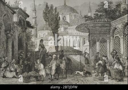 Ottoman Empire. Turkey. Constantinople (today Istanbul). Exterior view of the Sehzade Mosque, 16th century. Ottoman era mosque located in the Fatih district. Suleyman the Magnificent comissioned its construction to Mimar Sinan to commemorate his son Sehzade Mehmed. Engraving by Lemaitre. Historia de Turquia by Joseph Marie Jouannin (1783-1844) and Jules Van Gaver, 1840. Stock Photo