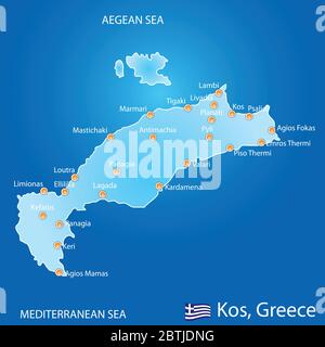 Island of Kos in Greece map on blue background Stock Vector