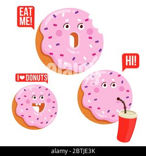 Funny cartoon donut character emoticon set. Happy donut sticker. Vector illustration. Stock Vector