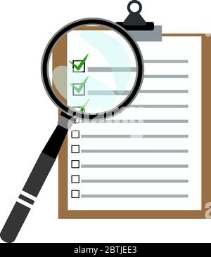 Vector magnifier glass searching checklist clipboard with green checkbox illustration concept. Business office and financial idea concept. Stock Vector