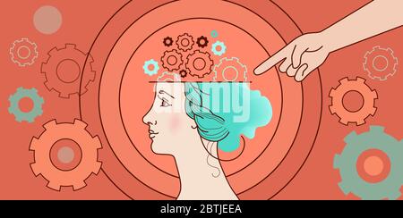 Psychological concept of human thinking, brain mechanics, woman complexes, problems. Illustration face in profile, head, gears, springs on a orange ba Stock Vector