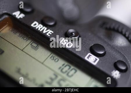 Viersen, Germany - May 26. 2020: Close up of display of old digital camera Canon EOS 50 D (focus on iso) Stock Photo