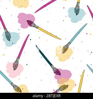 Paint brush and paint splotches on speckled background seamless repeat Vector illustration. surface pattern design Stock Vector
