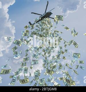 Helicopter money concept, dollars are spread out to increase financial liquidity. Economy and finance. 3d render. Stock Photo