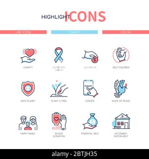 Charity concept - line design style icons set Stock Vector