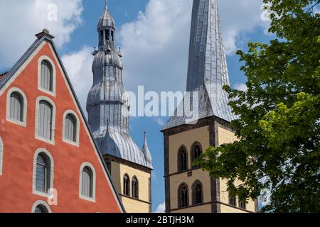 The towers of the Nicolaikirche in Lemgo Stock Photo