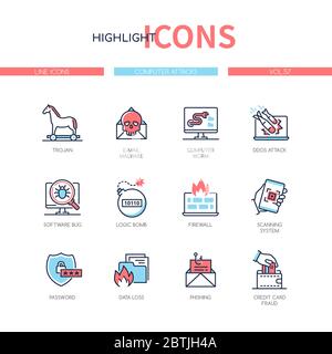 Computer attacks - line design style icons set Stock Vector