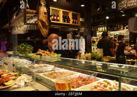 The Mercat de Sant Josep de la Boqueria, often simply referred to as La Boqueria, is a large public market in the Ciudad Vieja district of Barcelona. Stock Photo