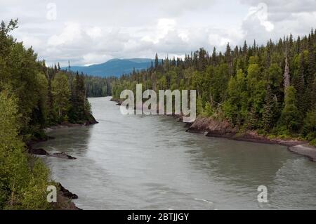 The Nass River Valley, boreal forest and Skeena Mountains, seen from the Stewart Cassiar Highway, in northern British Columbia, Canada. Stock Photo