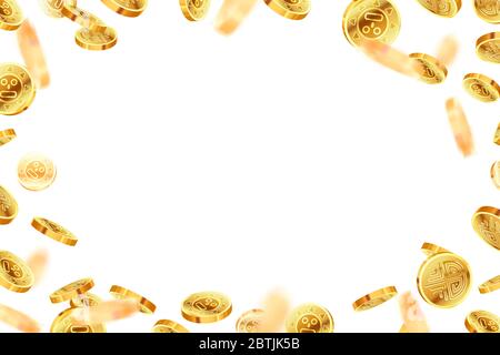 A lot of bright glossy golden ancient coins, golden rain, template with text place Stock Vector