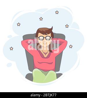 Vector drawing of a sitting and dreaming girl with closed eyes on a background with stars. Stock Vector