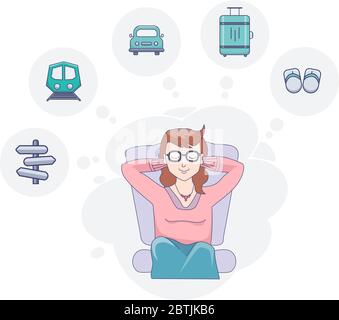 A girl sits with her eyes closed resting and dreaming of a journey on a light background. Above it are drawings for travel and relaxation. Vector Stock Vector