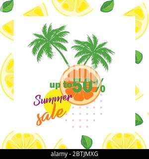 Palm trees and oranges stylish flat design instagram post summer discounts Stock Vector