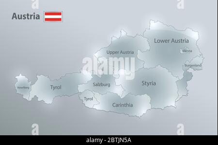 Austria map and flag, administrative division, separates regions and names individual region, design glass card 3D vector Stock Vector