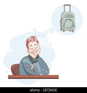 Vector illustration. The man sitting at the table closed his eyes and dreams. Above it is a drawing of a suitcase on wheels for traveling. Stock Vector