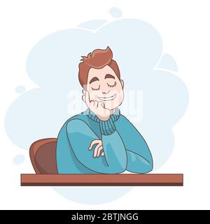 Vector illustration. A man sitting at a table is resting, closed his eyes and dreams Stock Vector