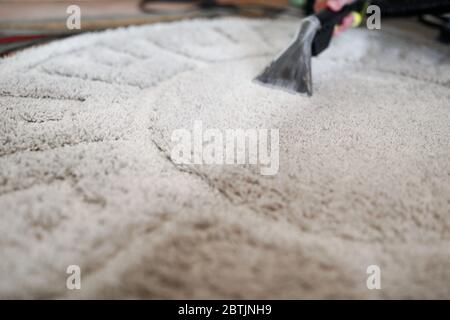 Housekeeper arm cleaning carpet with washing vacuum cleaner Stock Photo