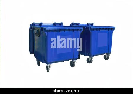 Blue plastic trash recycling containers. Blue containers for collecting garbage on the dustbin. Stock Photo