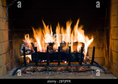 Closeup of firewood burning in fire. Fire in fireplace, firewood burns in a fireplace. Stock Photo