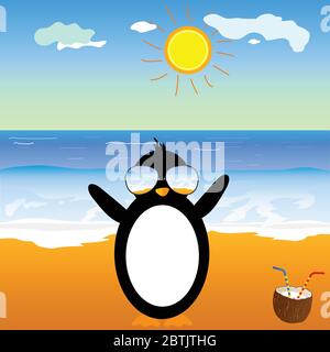 penguin with coconut on the beach vector illustration Stock Vector