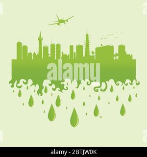 plane above the city on a green vector illustration Stock Vector