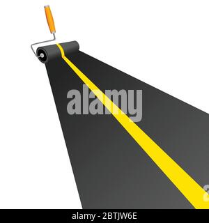 roller painting road with yellow line vector illustration Stock Vector