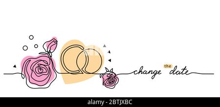 Change the wedding date simple vector card with rings and roses. Postponed wedding sketch, announcement, web banner, background. One continuous line Stock Vector