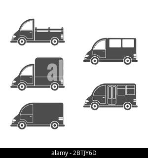 Set vector icon of a car or commercial van. Simple design, filled silhouette isolated on white background. Design for coloring books, websites, and ap Stock Vector