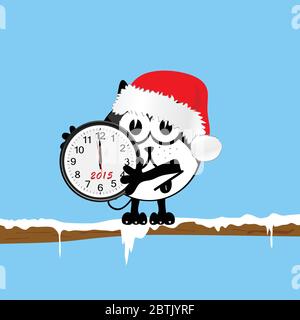 new year clock with cat color vector illustration Stock Vector