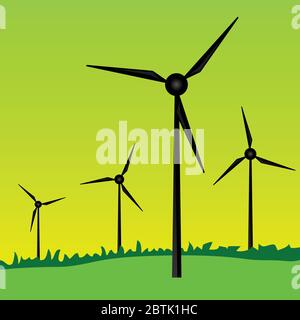 windmills art vector illustration on green grass Stock Vector