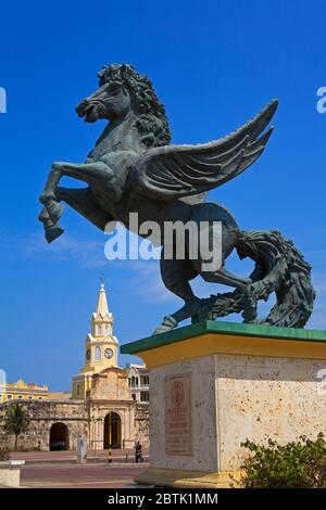 Pegasus Statue &  Clock Tower, Old Walled City District, Cartagena City, Bolivar State, Colombia, Central America Stock Photo