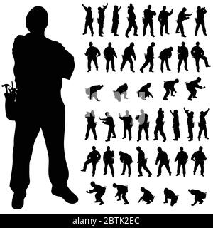 worker black silhouette in various poses art illustration Stock Vector