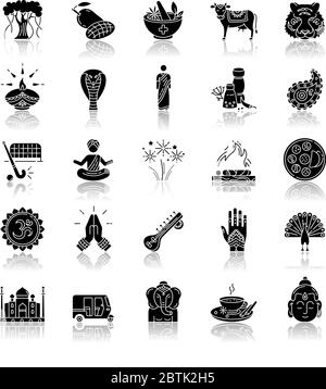 Indian culture drop shadow black glyph icons set Stock Vector