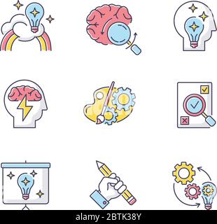 Creative mind workflow RGB color icons set Stock Vector