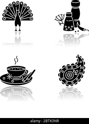 Indian culture drop shadow black glyph icons set Stock Vector