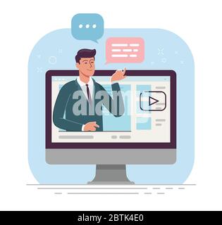 Business online, webinar.Businessman is broadcasting live from monitor screen vector illustration Stock Vector